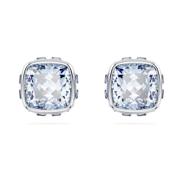 Brincos Swarovski stud Birthstone Lapidação quadrada Março Azul Lacado a ródio