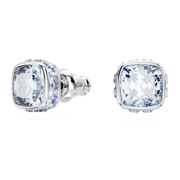 Brincos Swarovski stud Birthstone Lapidação quadrada Março Azul Lacado a ródio