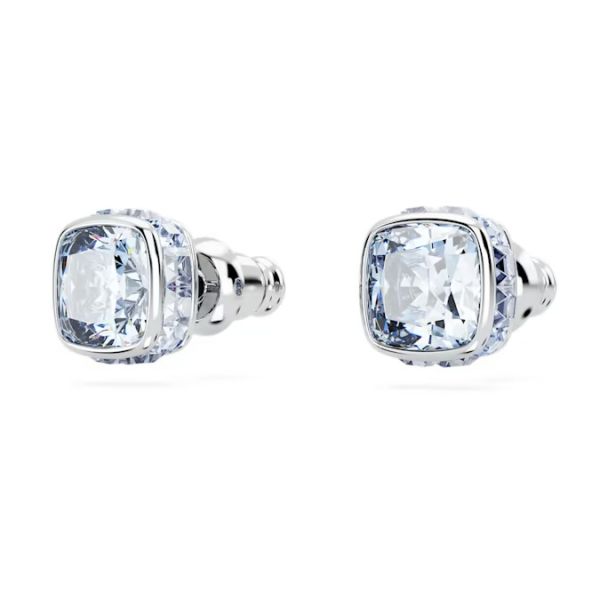 Brincos Swarovski stud Birthstone Lapidação quadrada Março Azul Lacado a ródio