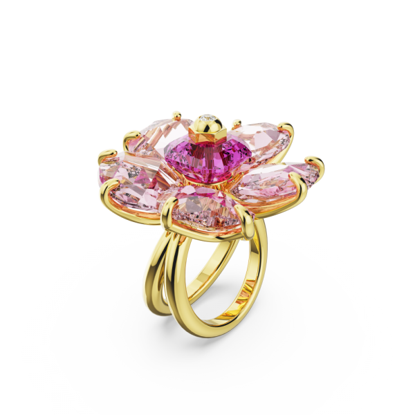 Anel Swarovski Cocktail Florere Flor Rosa Lacado a Dourado