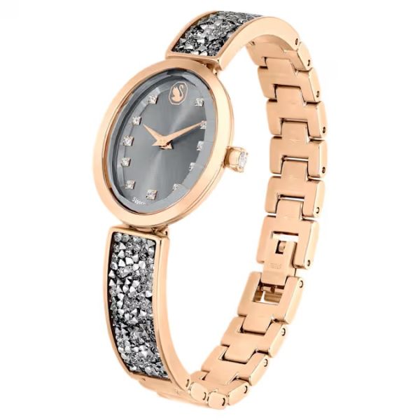Relógio Swarovski Crystal Rock Oval Fabrico suíço Bracelete Swarovski em cristal Cinzento Acabamento em rosa dourado