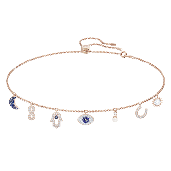 Colar Swarovski Symbolic Lua Infinito Mão Olho Grego e Ferradura Azul Lacado a Rosa Dourado