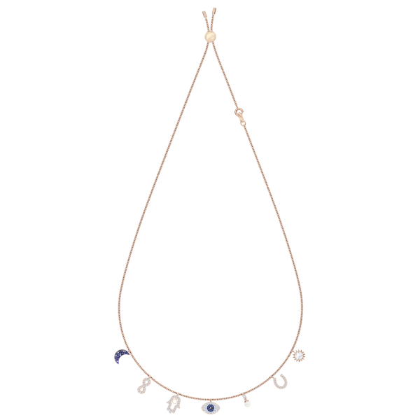 Colar Swarovski Symbolic Lua Infinito Mão Olho Grego e Ferradura Azul Lacado a Rosa Dourado
