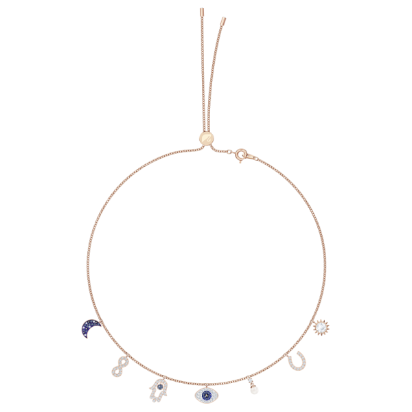 Colar Swarovski Symbolic Lua Infinito Mão Olho Grego e Ferradura Azul Lacado a Rosa Dourado