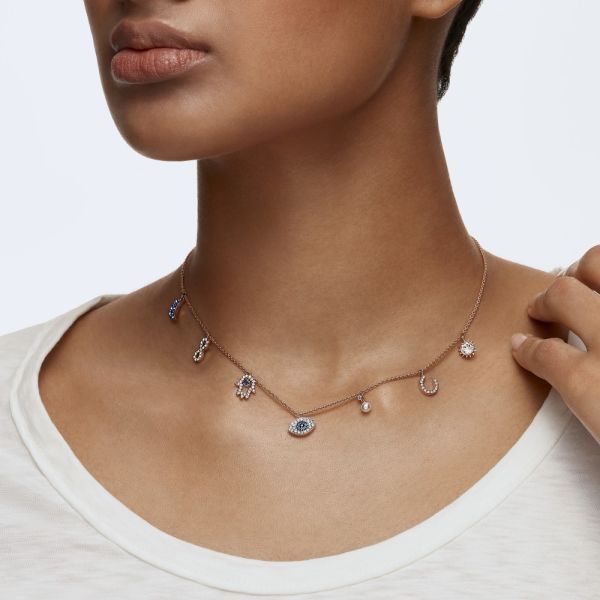 Colar Swarovski Symbolic Lua Infinito Mão Olho Grego e Ferradura Azul Lacado a Rosa Dourado