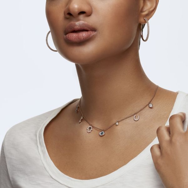 Colar Swarovski Symbolic Lua Infinito Mão Olho Grego e Ferradura Azul Lacado a Rosa Dourado