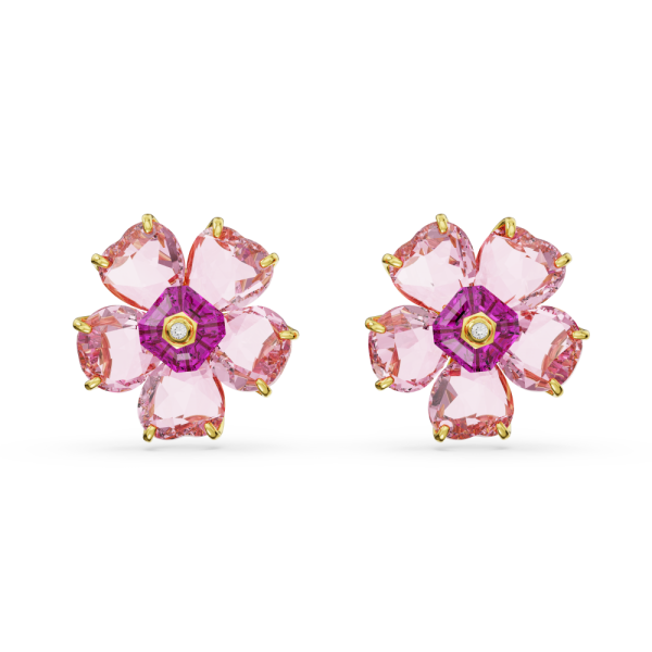 Brincos Swarovski Stud Florere Flor Rosa Lacado a Dourado