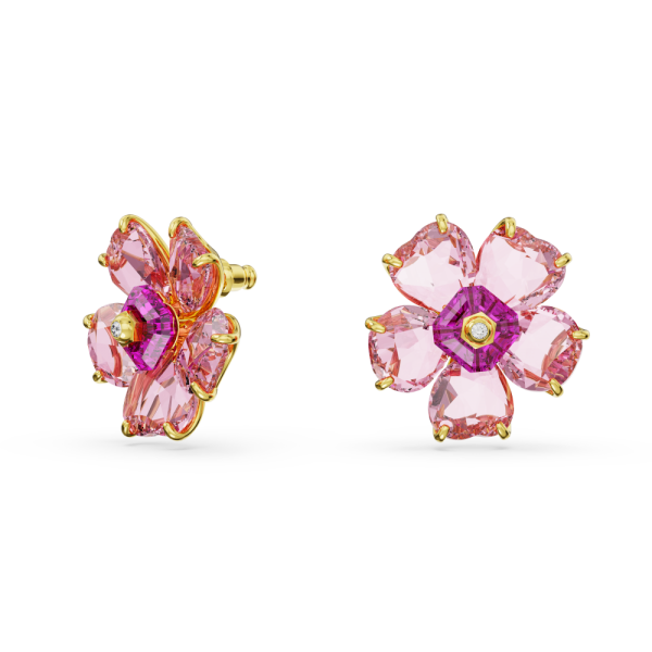 Brincos Swarovski Stud Florere Flor Rosa Lacado a Dourado